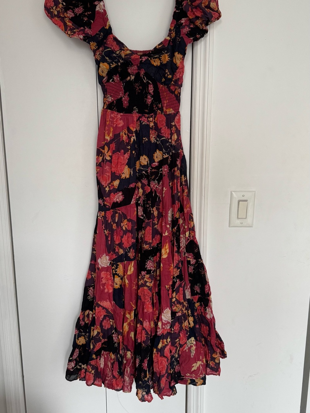 Free People Floral Puff-Sleeve Maxi Dress in Black & Burgundy